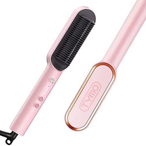 TYMO Ring Pink Hair Straightener Brush – Hair Straightening Iron with Built-in Comb, 20s Fast Heating & 5 Temp Settings & Anti-Scald, Perfect for Professional Salon at Home