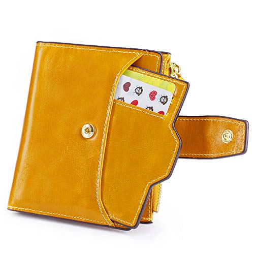 AINIMOER Women's RFID Blocking Leather Small Compact Bi-fold Zipper Pocket Wallet Card Case Purse(Waxed Yellow)