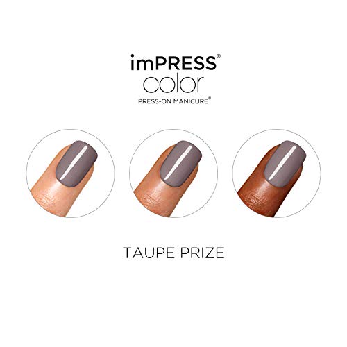 KISS imPRESS Color Press-On Manicure, Gel Nail Kit, PureFit Technology, Short Length, “Taupe Prize”, Polish-Free Solid Color Mani, Includes Prep Pad, Mini File, Cuticle Stick, and 30 Fake Nails
