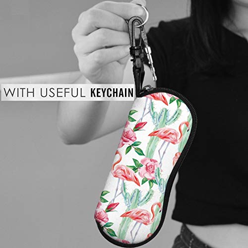 Pink Flamingo Eyeglasses Case With Carabiner Watercolor Cactus Red Roses Sunglasses Soft Case Ultra Lightweight Neoprene Zipper Eyewear Soft Bag