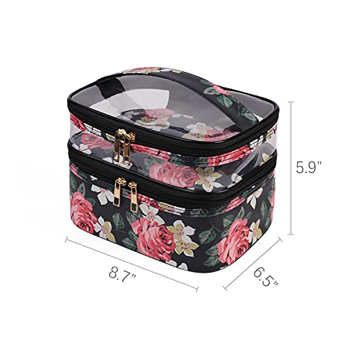 imerelez Double-layer Cosmetic Bag Toiletry Bag Large Travel Makeup Pouch Organizer Bag for Girls Women, Portable Waterproof Foldable (Black Flower)