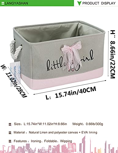 Rectangle Canvas Collapsible Storage Basket w/Handles for Toys, Laundry, Office, Closets (Pink and Gray Little Girl)