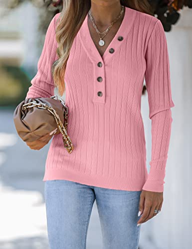 MEROKEETY Women's Long Sleeve V Neck Ribbed Button Knit Sweater Solid Color Tops Pink