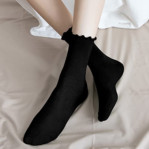 Bellady Cute Ruffle Socks for Women, Funny Cotton Crew Socks, Frilly Ankle Socks Women 5 Pairs, Black