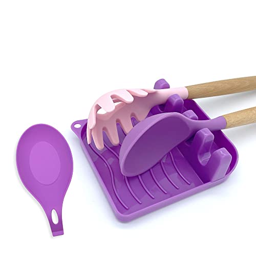 LSVGOE 2 Pack Multiple Utensil Spoon Rest with Drip Pad Non-Slip Heat Resistant Kitchen and Grill Spoon Holder for Spatula, Ladle, Tongs, Kitchen Gadgets, and Cooking Accessories (Noble Purple)