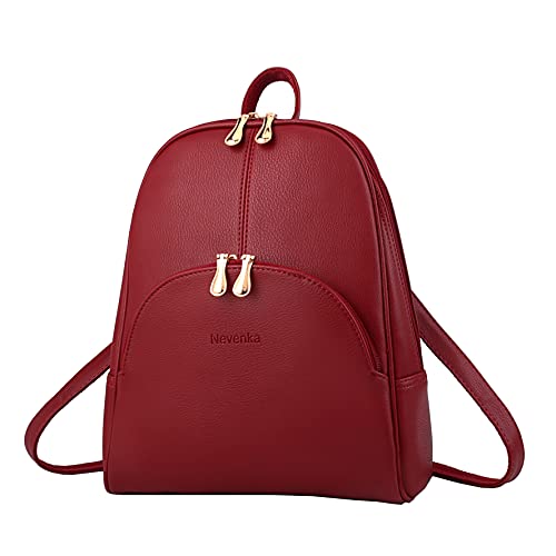 Nevenka Brand Women Bags Backpack PU Leather Zipper Bags Purse Casual Backpacks Shoulder Bags (RED)