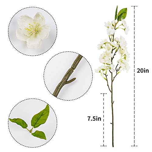 Sunm Boutique 6PCS 20In White Pink Cherry Blossom Flowers Artificial Peach Blossom Flower Silk Cherry Blossom Branches with Leaves White Plum Blossom Flowers for Wedding Home Indoor Outdoor Decor