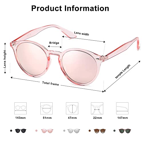 SOJOS Retro Round Polarized Sunglasses for Women Men Circle Frame UV400 Lenses SJ2069, Clear Pink/Pink Mirrored