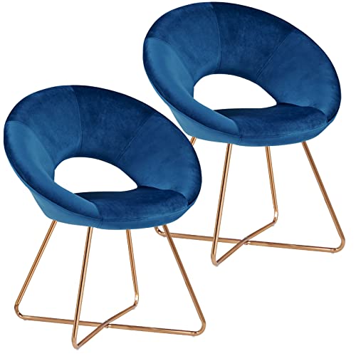 Duhome Modern Accent Chairs Set of 2, Velvet Dining Chairs with Backrest Comfy Upholstered Arm Chair Living Room Furniture Mid-Century Leisure Lounge Chairs with Golden Metal Frame Legs Dark Blue