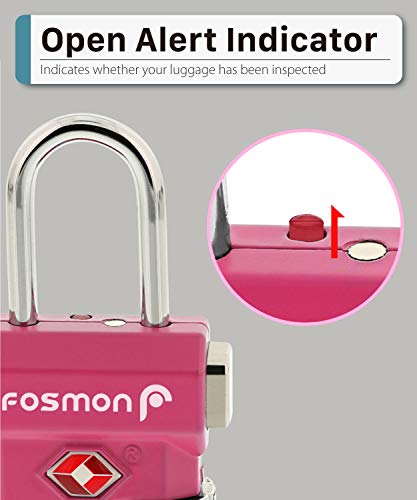 Fosmon TSA Approved Luggage Locks, (4 Pack) Open Alert Indicator 3 Digit Combination Padlock Codes with Alloy Body and Release Button for Travel Bag, Suit Case and Luggage - Blue, Pink, Silver, Black