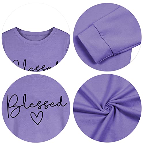Blessed Sweatshirt for Women Letter Print Lightweight Thanksgiving Pullover Tops Blouse Purple