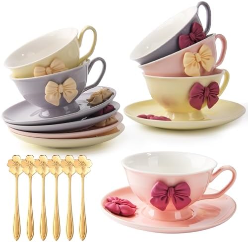 ICHAG Cups and Saucers Set of 6, Coffee Mugs, Tea Cups Set with Bowknot, Tea Set, 18-piece, Cup with 8.4oz, Golden Spoon, For Tea Party, Christmas Gifts, Gifts for Home Office