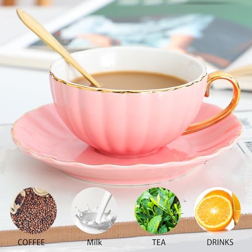 ICHAG Cups and Saucers Set of 6, Coffee Mugs, Tea Cups Set with Bowknot, Tea Set, 18-piece, Cup with 8.4oz, Golden Spoon, For Tea Party, Christmas Gifts, Gifts for Home Office