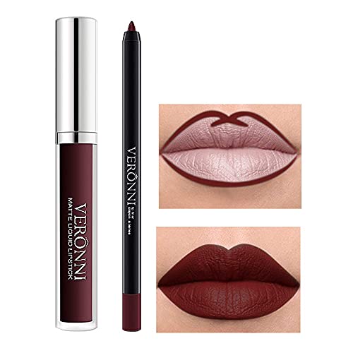 VERONNI Matte Liquid Lipstick with Lip Liner Lip Contour kit Waterproof Long Lasting Lip Gloss with 13 Colors Nonstick Cup Lip Stick Set (#13)