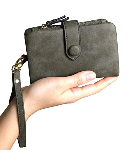 Womens Small Bifold Leather Wallets Rfid Ladies Wristlet with Card slots id window Zipper Coin Purse (Army Green)