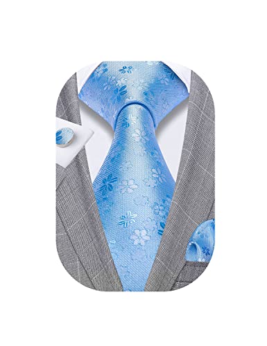 Barry.Wang Men Silk Floral Ties Sky Blue Fashion Neckties Pocket Square Cufflinks Set Wedding Party Formal