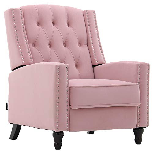 Artechworks Tufted Velvet Pushback Manual Recliner Chair for Living Room - Single Sofa Home Theater Seating- Comfortable Bedroom & Living Room Chair Reclining Sofa, Pink