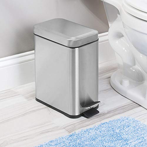 mDesign Small Modern 1.3 Gallon Rectangle Metal Lidded Step Trash Can, Compact Garbage Bin with Removable Liner Bucket and Handle for Bathroom, Kitchen, Craft Room, Office, Garage - Brushed