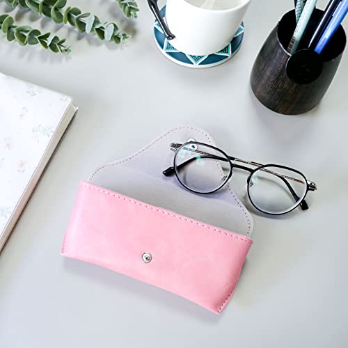 Portable Leather Glasses Case,Durable Soft Sunglasses Pouch Slim Case for Women Men Horizontal Eyeglass Case (Button -Pink)