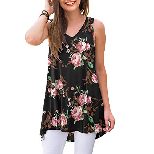 Women's Black & Pink Floral Summer Sleeveless V-Neck T-Shirt Tunic Top, Sizes to 4XL