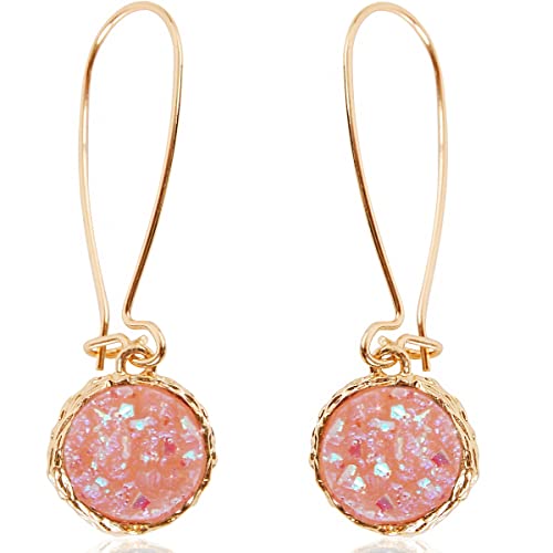 Humble Chic Simulated Druzy Threader Light Pink Dangle Earrings - Boho Dangling Earrings for Women - Long Pull Through Dangly Earrings - Pink Earrings for Women Dangling, Gold - Created Rose Quartz