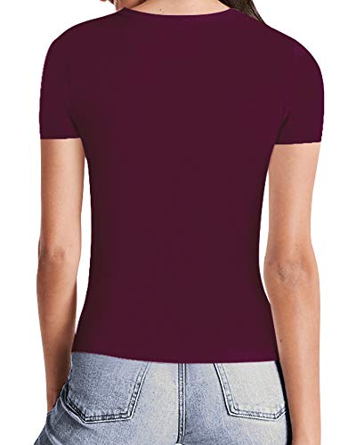 MANGOPOP Womens Short Sleeve/Long Sleeve Square Neck T Shirts Tops Tees (Short Sleeve Burgundy, Medium)