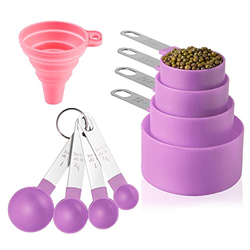 Measuring Cups and Spoons Set of Huygens Kitchen Gadgets 8 Pieces, Stackable Stainless Steel Handle Measuring Cups for Measuring Dry and Liquid Ingredient (Mauve)