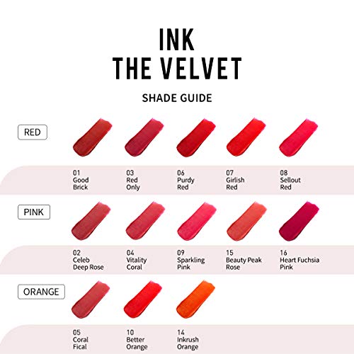 Peripera Ink the Velvet Liquid Lip | High Pigment Color, Longwear, Weightless, Not Animal Tested, Gluten-Free, Paraben-Free | Heart Fuchsia Pink (#16), 0.14 fl oz