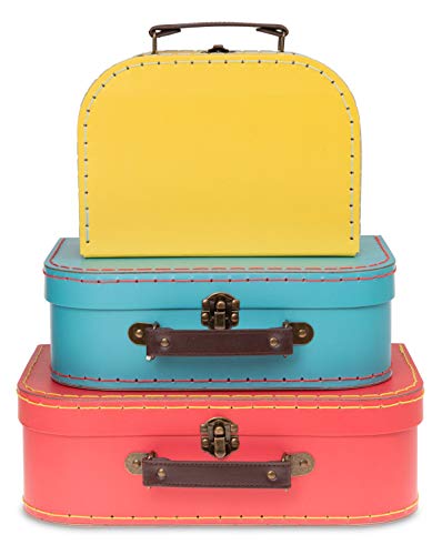 Jewelkeeper Paperboard Suitcases, Set of 3 – Nesting Storage Gift Boxes for Birthday Wedding Easter Nursery Office Decoration Displays Toys Photos – Red Turquoise Yellow