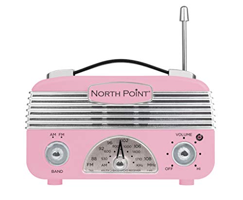 Northpoint AM/FM Portable Vintage Radio with Best Reception, Circa 1960's Design, 3" AA Battery Operated Radio, Tuning, Volume and On/Off Knob, Pink and Silver