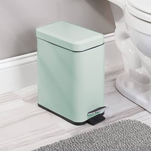 mDesign Small Modern 1.3 Gallon Rectangle Metal Lidded Step Trash Can, Compact Garbage Bin with Removable Liner Bucket and Handle for Bathroom, Kitchen, Craft Room, Office, Garage - Mint Green