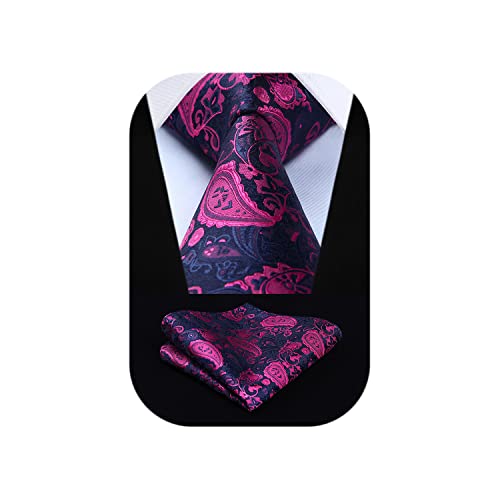 HISDERN Hot Pink Ties for Men Paisley Tie and Pocket Square Woven Classic Business Plum Mens Tie Handkerchief Set Tuxedo Wedding Necktie
