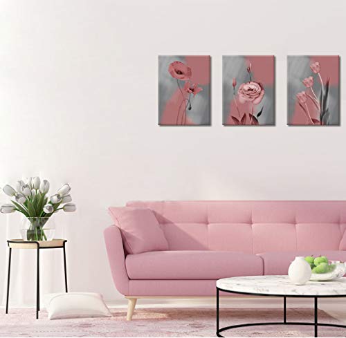 Welmeco Canvas Wall Art Decor Pink and Grey Flowers Prints Gallery Wrapped Ready to Hang Modern Home Office Living Room Bedroom Decoration