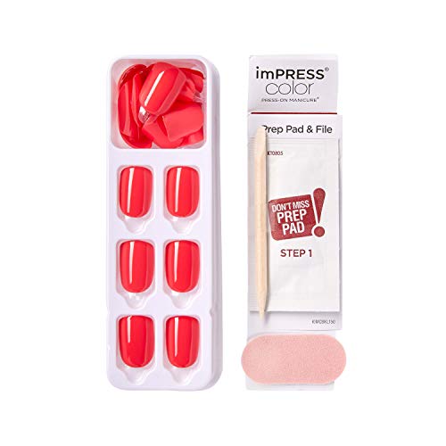 KISS imPRESS Color Press-On Manicure, Gel Nail Kit, PureFit Technology, Short Length, “Corally Crazy”, Polish-Free Solid Color Mani, Includes Prep Pad, Mini File, Cuticle Stick, and 30 Fake Nails