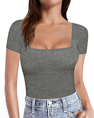 MANGOPOP Womens Short Sleeve/Long Sleeve Square Neck T Shirts Tops Tees (Short Sleeve Dark Heather Grey, Medium)