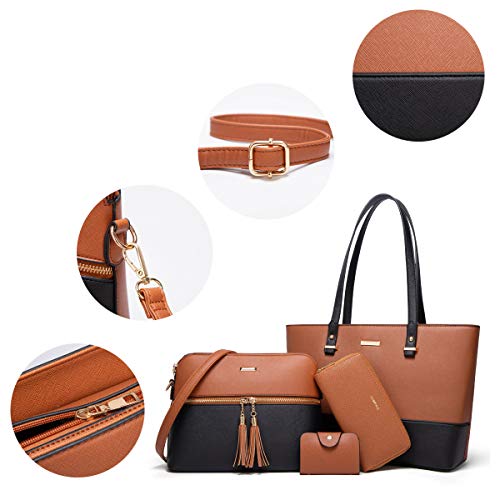 Women's Two-Tone Black & Brown 4-Piece Tote Bag, Shoulder Handbag, Clutch Wallet & Card Holder Set  (9 colors)