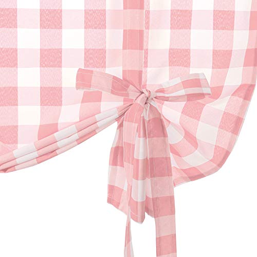 Hiasan Buffalo Check Tie Up Curtains for Windows - Rod Pocket Semi Sheer Light Filtering Kitchen Curtains, Pink, 42 x 63 Inches, 1 Panel