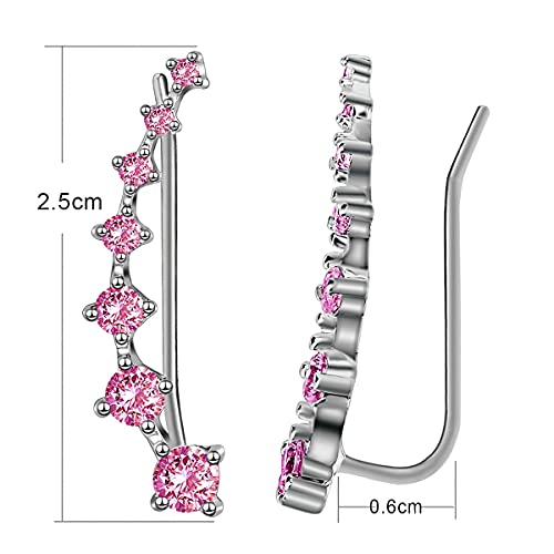S925 Sterling Silver and Pink Crystal Climber Ear Cuff Hoop Earrings