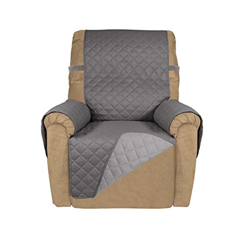 PureFit Reversible Quilted Recliner Sofa Cover, Water Resistant Slipcover Furniture Protector, Washable Couch Cover with Elastic Straps for Kids, Dogs, Pets (Recliner, Gray/Light Gray)