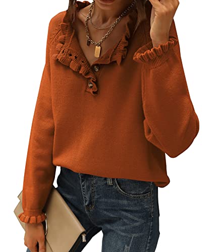 BTFBM Women's Sweaters Casual Long Sleeve Button Down Crew Neck Ruffle Knit Pullover Sweater Tops Solid Color Striped (Solid Orange Yellow, Medium)