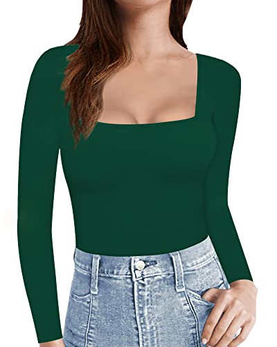 MANGOPOP Womens Short Sleeve/Long Sleeve Square Neck T Shirts Tops Tees (Long Sleeve Deep Green, Medium)