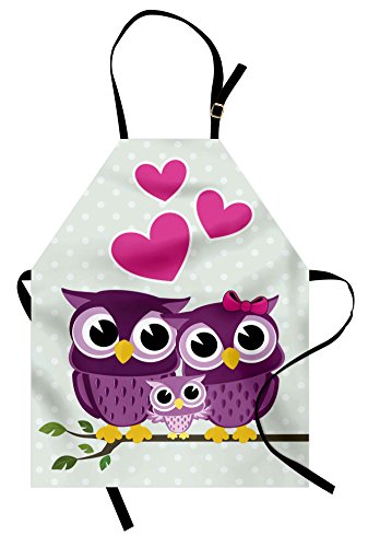 Lunarable Owls Apron, Animal Couple Owl Sitting on a Branch Family Portrait Cartoon Art, Unisex Kitchen Bib with Adjustable Neck for Cooking Gardening, Adult Size, Purple Yellow
