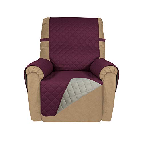 PureFit Reversible Quilted Recliner Sofa Cover, Water Resistant Slipcover Furniture Protector, Washable Couch Cover with Elastic Straps for Kids, Dogs, Pets (Recliner, Wine/Beige)