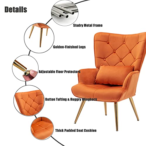 Altrobene Modern Accent Chair, Velvet Lounge Chair, Living Room/Bedroom Arm Chair with Pillow, Button Tufted, Golden Finished, Caramel