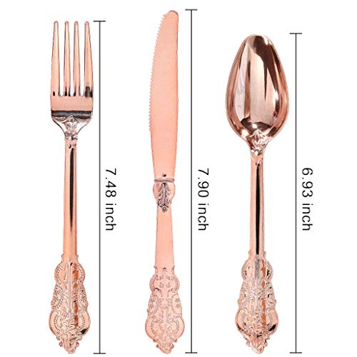 Disposable Heavyweight Rose Gold Plastic Silverware, 300 Pieces Forks, Spoons, Knives
