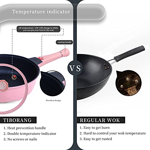 TIBORANG 7 in 1 Multipurpose Heat Indicator Deep Frying Pan with Lid, 5 Quart Nonstick Saute Pan with 7-layer Coating,Deep Skillet with Cover, Stay-cool Handle, Steamed Grid, PFOA-Free, 11 Inch (Pink)