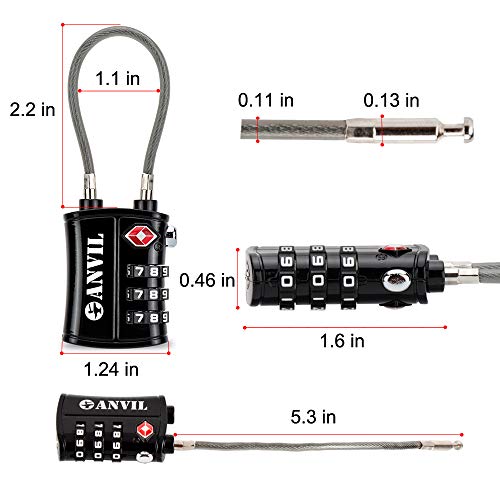 TSA Approved 3 Digit Luggage Cable Locks, Small Combination Padlock Ideal for Travel - 2 Pack (Black 2 Pack)