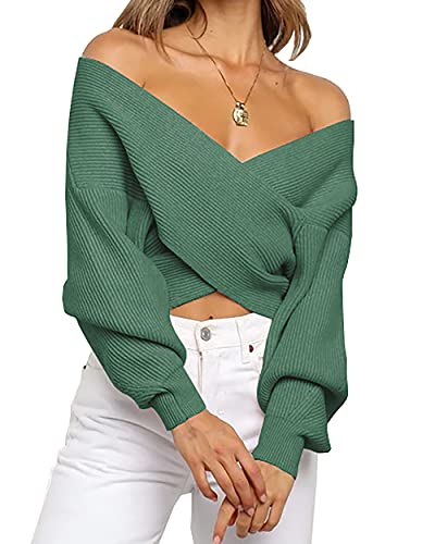 BTFBM Women Casual V Neck Long Sleeve Sweaters Cross Wrap Front Off Shoulder Asymmetric Hem Knitted Crop Solid Pullover(Solid Army Green, X-Large)