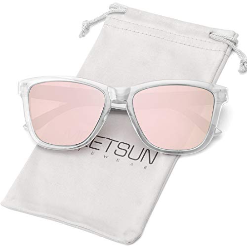 MEETSUN Polarized Sunglasses for Women Men Classic Retro Designer Style (Clear Frame / Pink Mirrored Lens, 54)