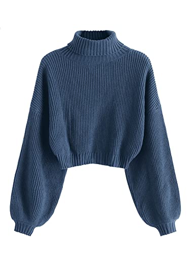 ZAFUL Women's Cropped Turtleneck Sweater Lantern Sleeve Ribbed Knit Pullover Sweater Jumper (2-Blue, M)